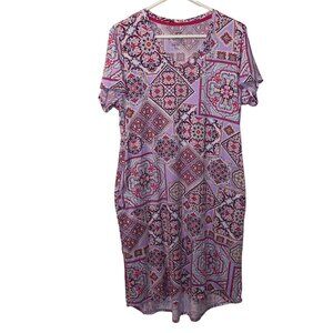 Womens V-Neck Short Sleeve Printed Shift Dress L 12-14 Pink/Multicolor